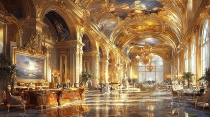 Lavish Interior of an Opulent Hall Featuring Golden Accents, Grand Chandeliers, and Majestic Artwork Under a Dramatic Sky in a Luxurious Palace Setting