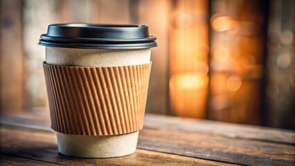 A paper coffee cup with a black lid and a brown sleeve sits on a wooden table, the background is a blurry image of wooden planks and warm yellow lights.