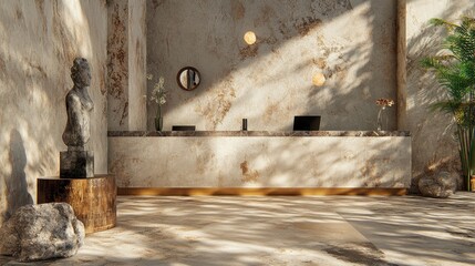 Modern and Minimalist Reception Area Featuring Natural Elements and Unique Decor for Stylish Hospitality and Welcoming Atmosphere