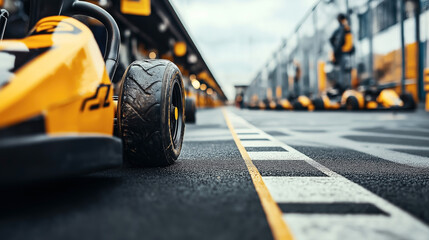 Close-up of a kart on a go-kart track with distinct tire tread marks and a blurred background of a pit lane and other karts.