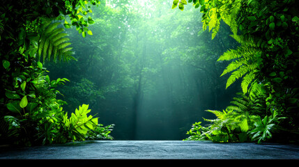 Obraz premium Lush green foliage frames a serene path, illuminated by soft light, creating a tranquil atmosphere in a vibrant forest setting.