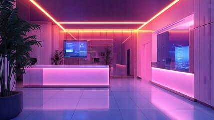 Modern Reception Area with Neon Lighting in Futuristic Design Reflecting a Stylish and Inviting Atmosphere for Hospitality and Business Environments