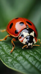 Fototapeta premium Close-Up of a Spotted Ladybug on a Green Leaf in a Summer Garden