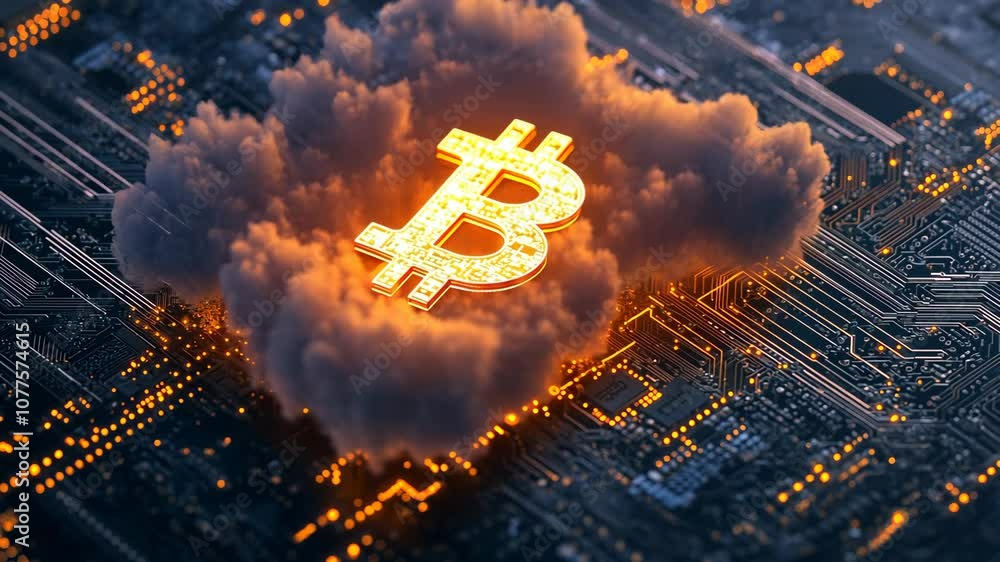 Poster glowing bitcoin symbol in digital cloud over circuit board