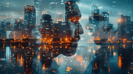 Businessman with Futuristic Cityscape Showcasing Innovation and Modernity in Business