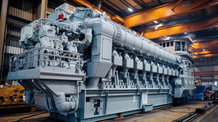 A large ship engine is being built in a factory. The engine is huge and has many parts