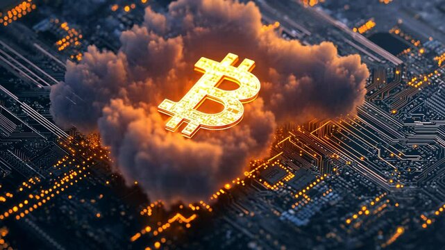 glowing bitcoin symbol in digital cloud over circuit board