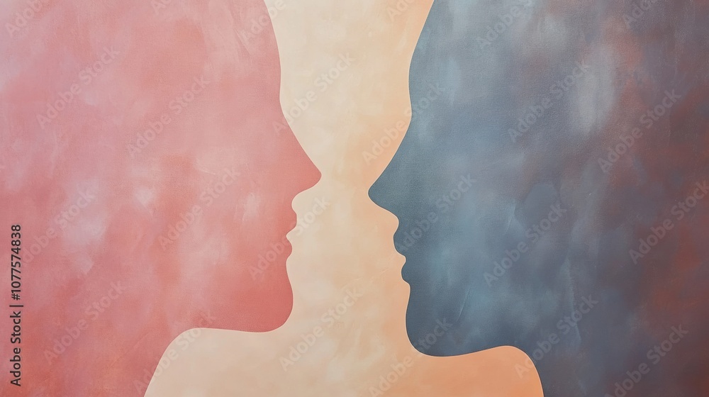 Aufkleber abstract silhouettes of two faces blend softly in pastel shades, symbolizing communication and foste