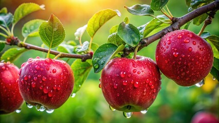Obraz premium Lush Red Apple Branch with Dew Drops - Captivating Portrait Photography of Nature's Bounty, Freshness, and Vibrant Colors for Stock Image Use