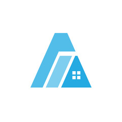 This is a simple house logo that shapes like a letter A in blue color on a white background