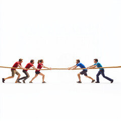 A group of people playing tug of war with a rope with uneven numbers; concept of conflict and unequality