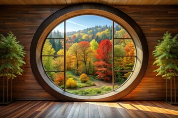 Serene Interior with Circular Window Showcasing Vibrant Autumn Landscape, Minimalist Decor, and Natural Elements - Fashion Photography Inspiration