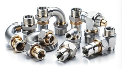 A collection of metallic pipe fittings with threaded ends and various angles, showcasing a variety of connection options for plumbing and industrial applications.