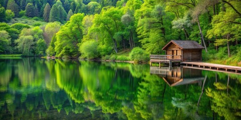 A wooden cabin perched on a small dock extending into a tranquil lake, surrounded by a verdant forest, reflecting the serenity of nature