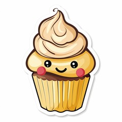 Kawaii Cartoon Cupcake Sticker Design on White Background