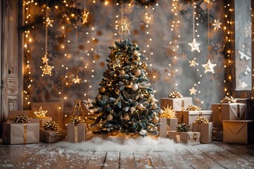 Elegant Christmas tree decorated with gold and white ornaments, set in a sophisticated white and gold studio background
