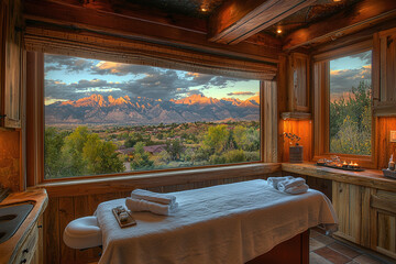 Fototapeta premium a massage room with a beautiful mountain view and soft lighting.