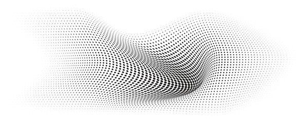 Flowing Wave Dot Halftone Pattern: Curve Gradient Shape on Transparent Background. Suitable for AI, Tech, Network, Digital, Science, and Technology Themes.