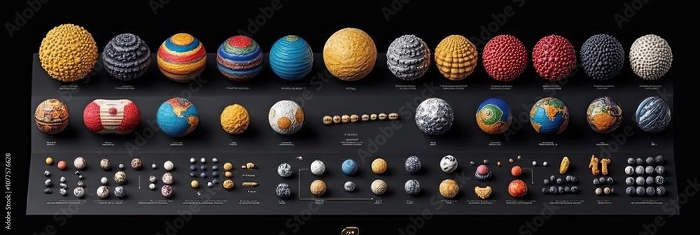 Poster collection of colorful textured spheres arranged in rows on a black background.