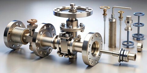 A collection of precision engineered metallic components featuring a ball valve, flanges, and threaded rods, demonstrating the intricate details and complexity of high-tech manufacturing.