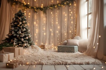 Obraz premium Festive indoor setting with a decorated Christmas tree, string lights, soft pillows, and neatly wrapped presents on a fluffy white carpet