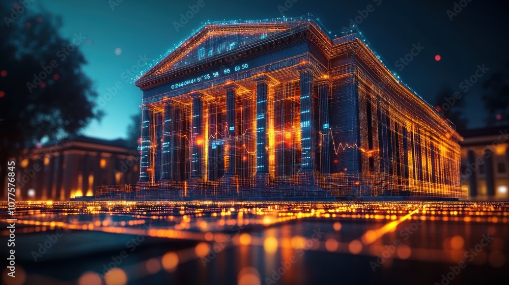 Poster a futuristic building illuminated with digital elements.