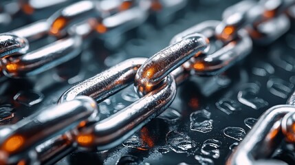 Aged chains connected on a gritty metal surface, covered with damp autumn grime, detailed close-up revealing each tarnished link