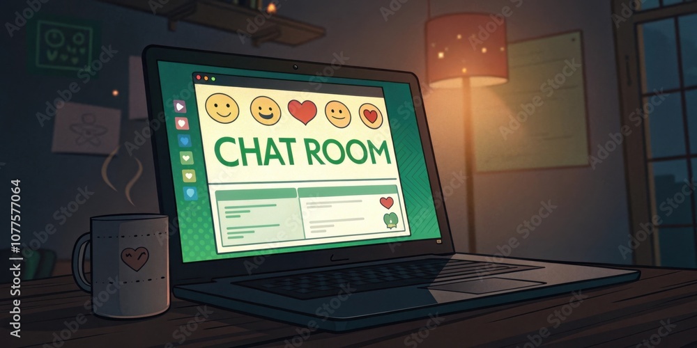 Poster old school chat room the laptops screen is filled with a colorful chat window constructed of green t