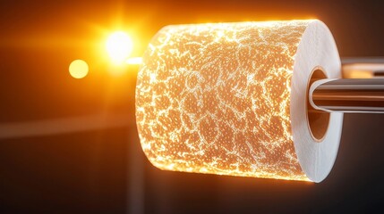 Obraz premium High-definition detail of a white toilet paper roll on a metallic holder, emphasis on paper texture, warm light, clean design aesthetic