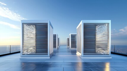 Modern industrial air conditioner units on rooftop, concrete and steel aesthetic, designed for large office cooling, emphasis on durability