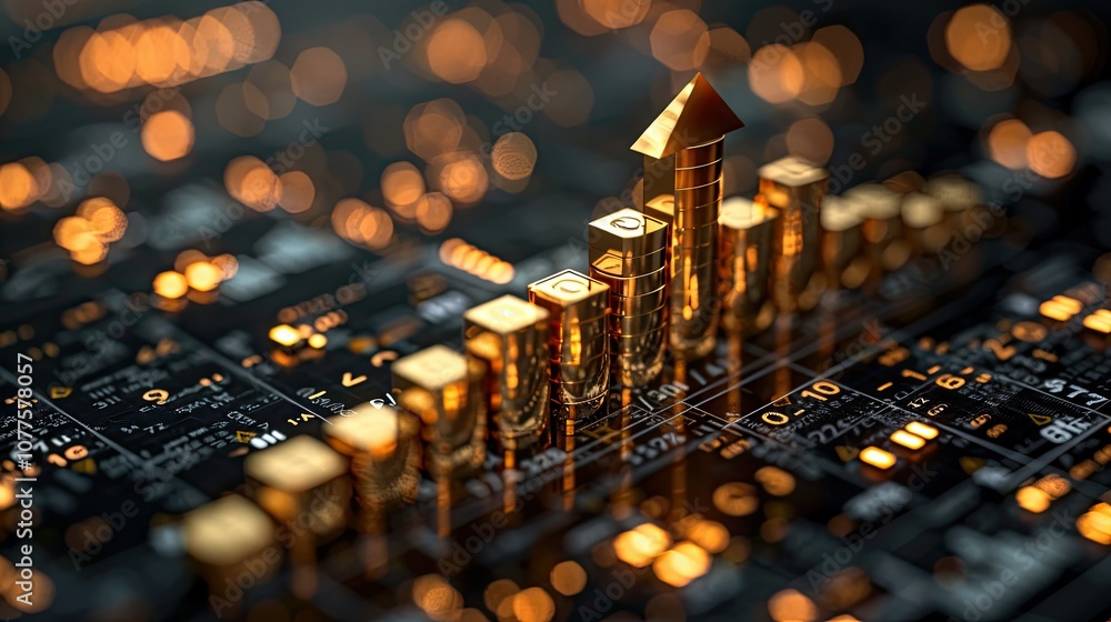 Poster Golden arrow pointing upwards on a bar graph, symbolizing growth and success in a tech-based environment.
