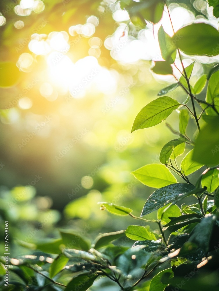Poster sunlight filters through the dense canopy of a tropical forest, illuminating lush leaves and creatin