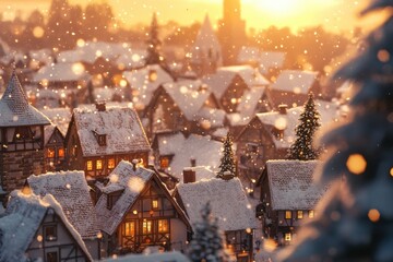 Warm light glows from cozy houses in a beautiful Christmas village covered in fresh snow as the sun sets, creating a magical ambiance. Generative AI