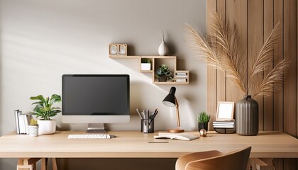 Modern home office workspace with wooden elements. 3D Rendering