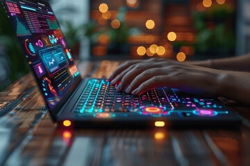 Businessman planning project with a digital gantt chart on laptop for effective time management using virtual screen from home office