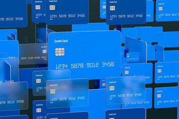 Credit cards symbolize financial concepts on a dark backdrop