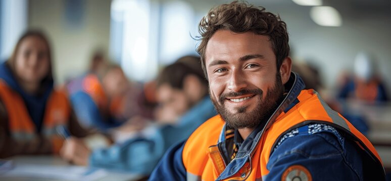 smiling senior male construction worker in classroom seminar professional training electrician plumber mechanic education adult student technical skills development