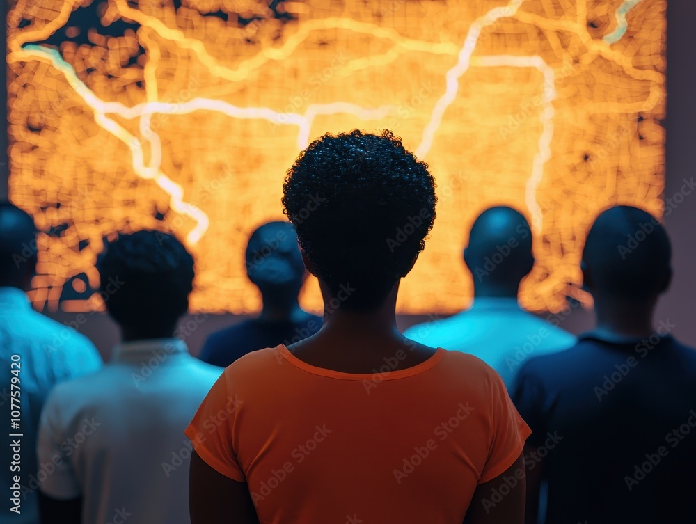 Poster a group of individuals stands in front of a vibrant, illuminated map, engaging with its intricate li