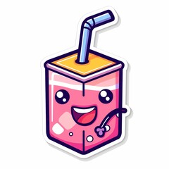 Cute Cartoon Juice Box Sticker with Straw and Happy Face on White Background