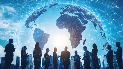 Global Business Network network of business professionals from different countries connecting through advanced communication technology with a digital globe in the background