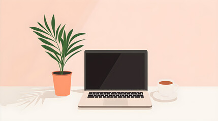 Fototapeta premium A minimalist workspace with a potted plant, laptop, and a cup of tea