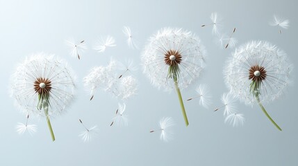 Obraz premium Delicate dandelions with seeds drifting in a soft background.