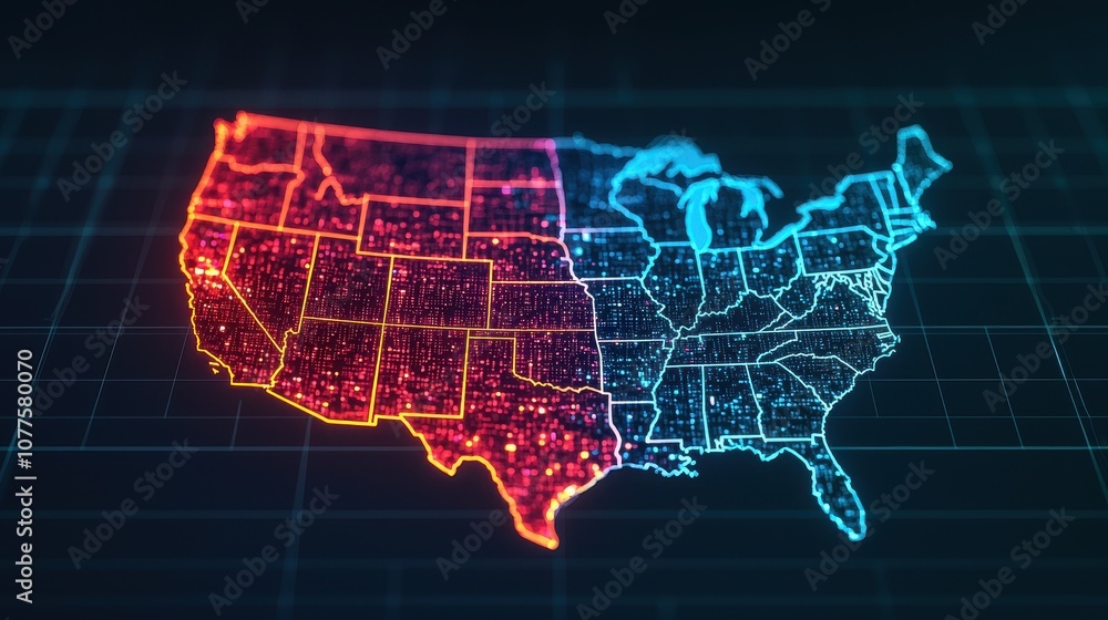 Poster a digital map of the united states visualized with red and blue lights, representing different regio