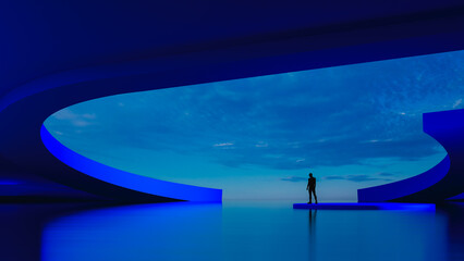 Silhouette of a man against futuristic architecture at sunset twilight