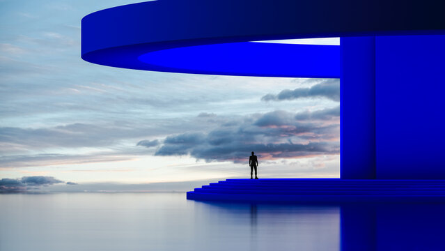 Silhouette of a man against futuristic architecture at sunset twilight