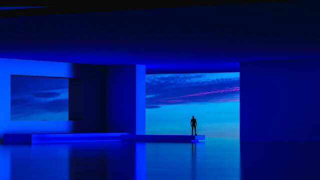 Silhouette of a man in a futuristic setting at sunset twilight
