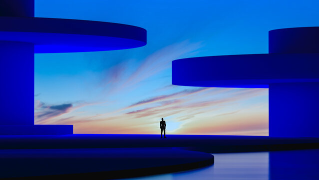 Silhouette of a man standing in a futuristic environment at twilight