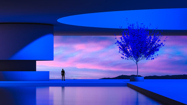 Silhouette of a man in a futuristic setting at sunset twilight