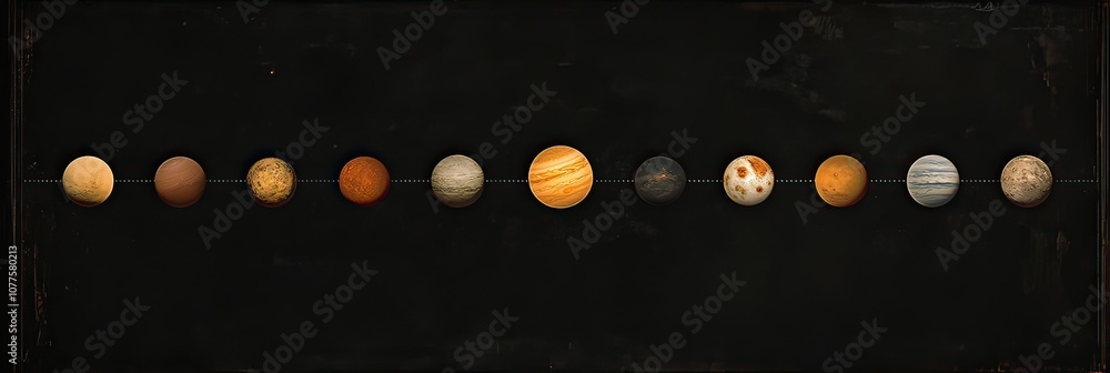 Poster a line of planets on a black background with various colours and textures.