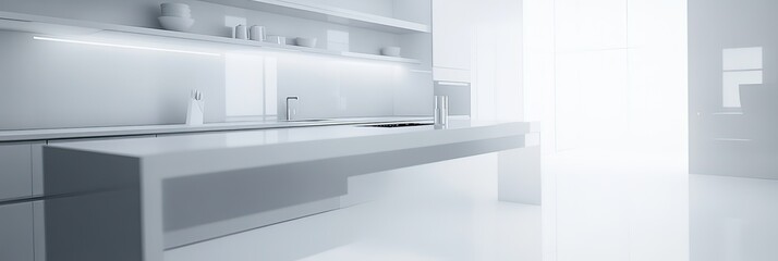 Minimalist kitchen with white countertops and cabinets.